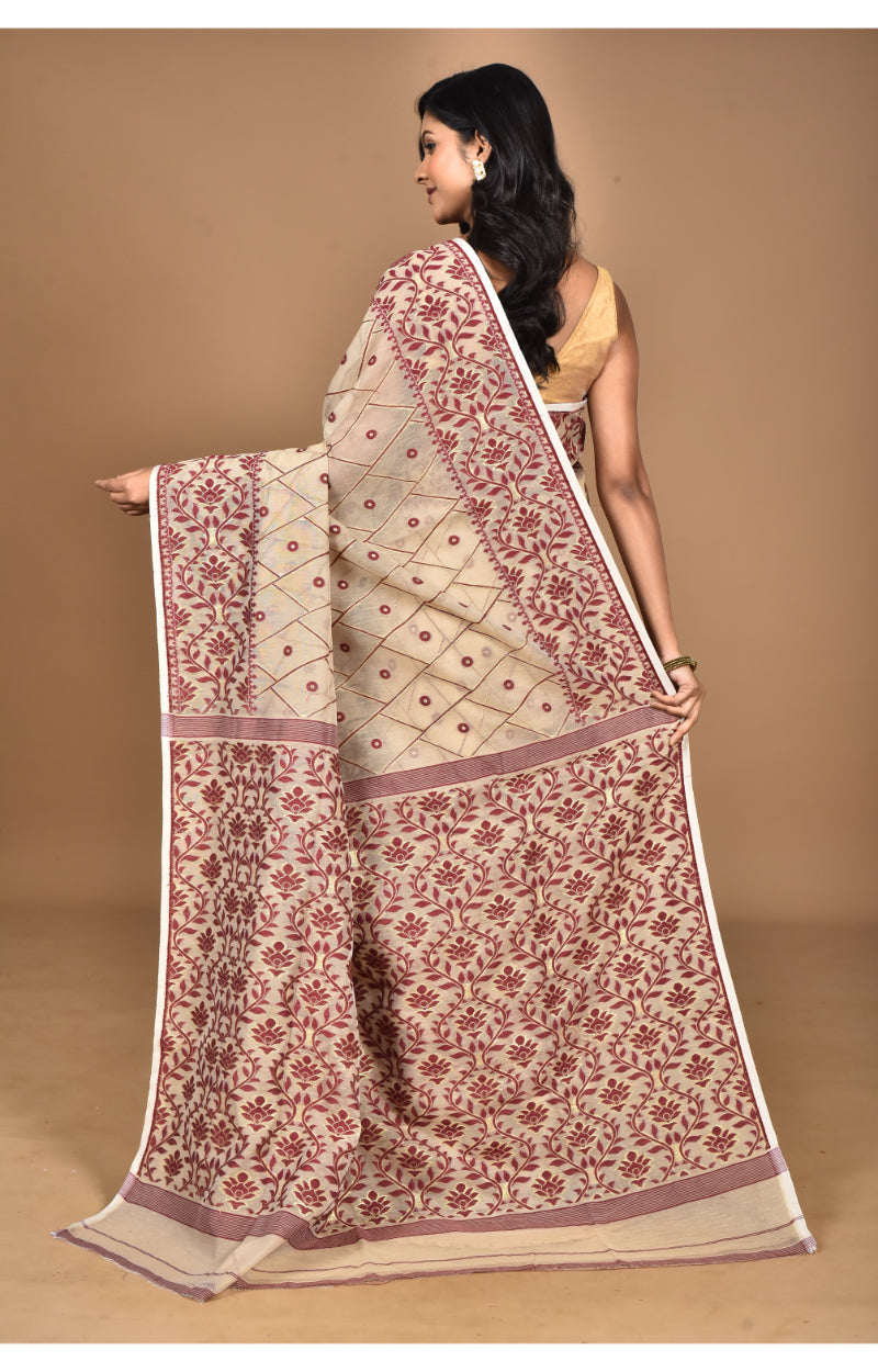Morchari Pure Cotton Dhakai Jamdani Handloom Saree-Beige