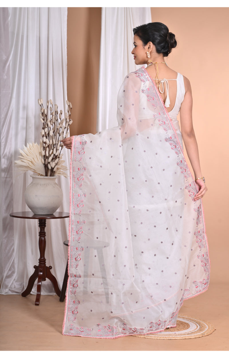 Morchari Pure Orzanga Tread Work Saree-Off White
