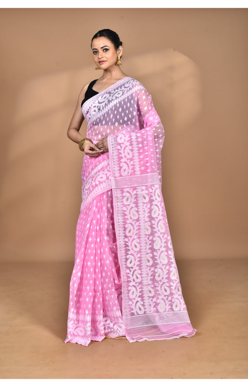 Morchari Pure Cotton Dhakai Jamdani Handloom Saree-Pink