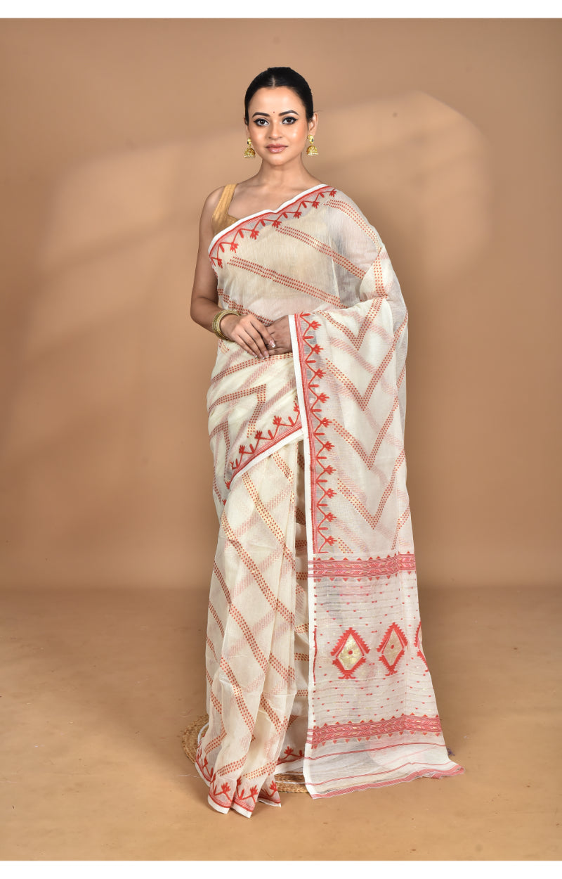 Morchari Pure Cotton Dhakai Jamdani Handloom Saree-Cream