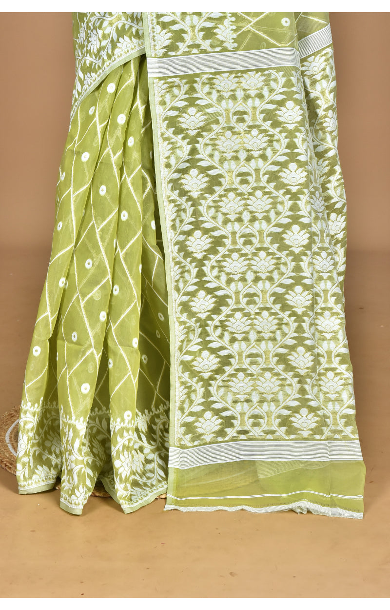 Morchari Pure Cotton Dhakai Jamdani Handloom Saree-Green
