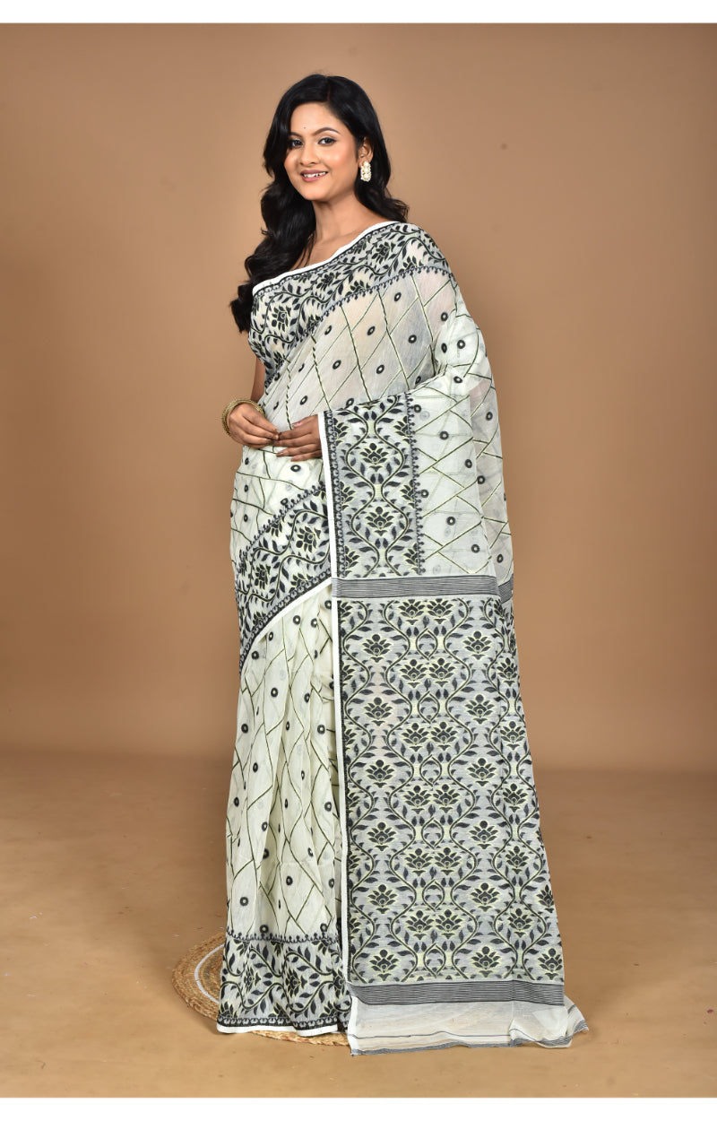 Morchari Pure Cotton Dhakai Jamdani Handloom Saree-Cream