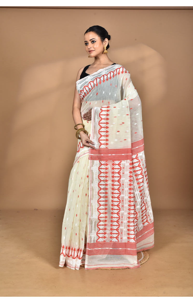 Morchari Pure Cotton Dhakai Jamdani Handloom Saree-Cream