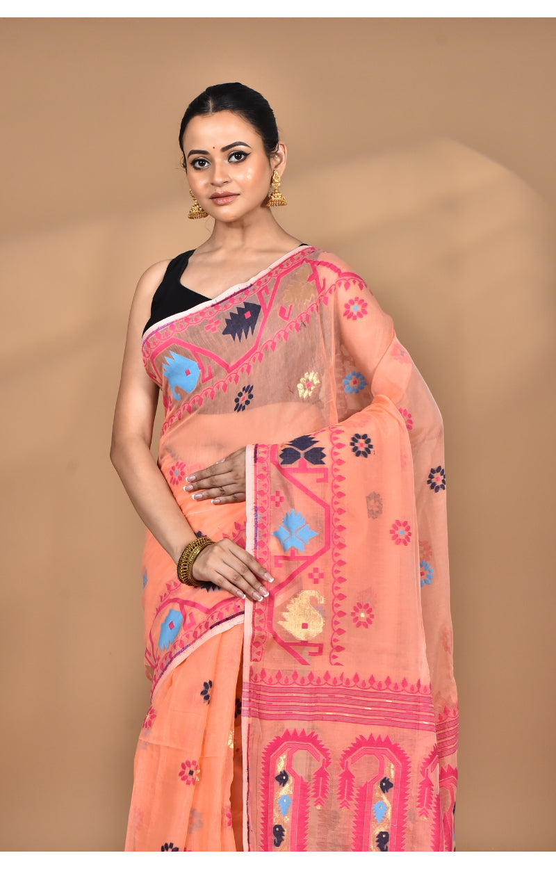 Morchari Pure Cotton Dhakai Jamdani Handloom Saree-Peach