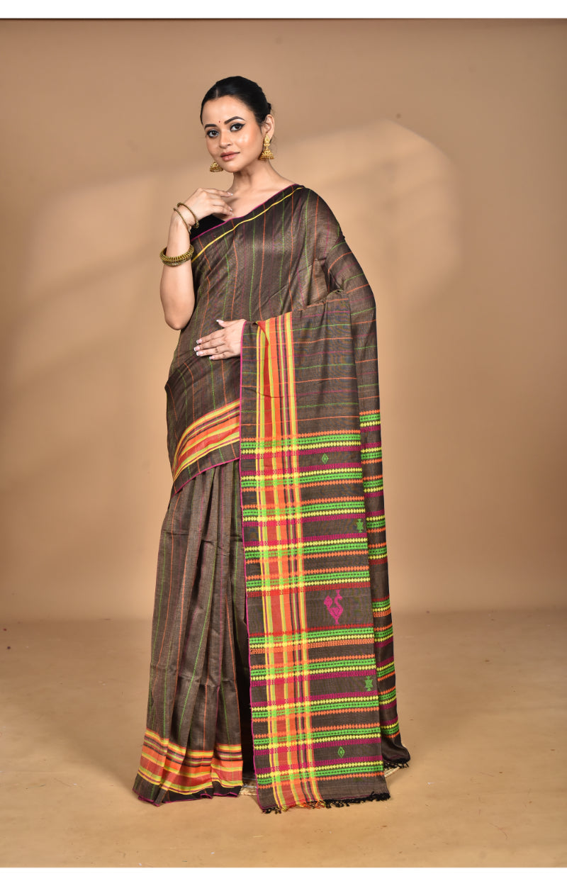 Morchari Pure Cotton Dhakai Jamdani Handloom Saree-Coffee Brown