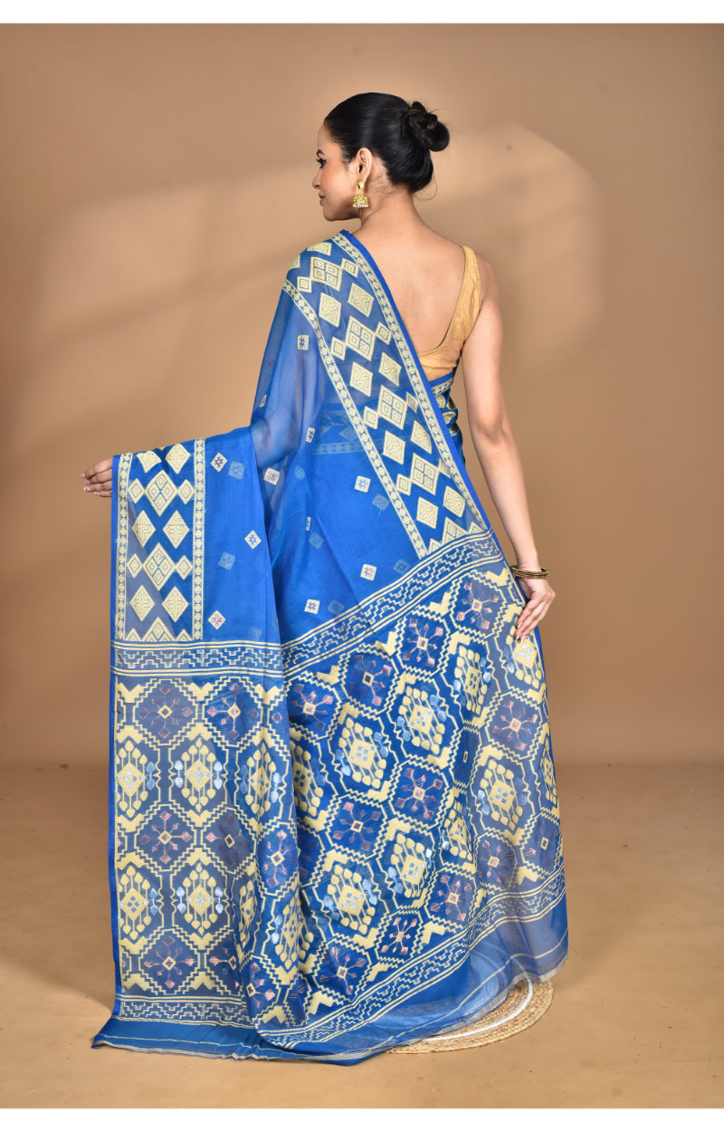 Morchari Pure Cotton Dhakai Jamdani Handloom Saree-Navy Blue