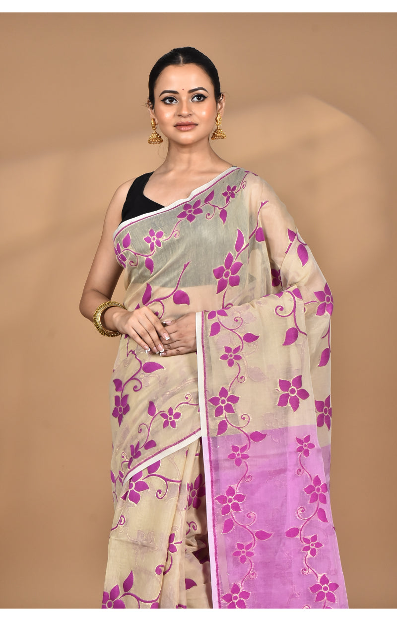 Morchari Pure Cotton Dhakai Jamdani Handloom Saree-Beige