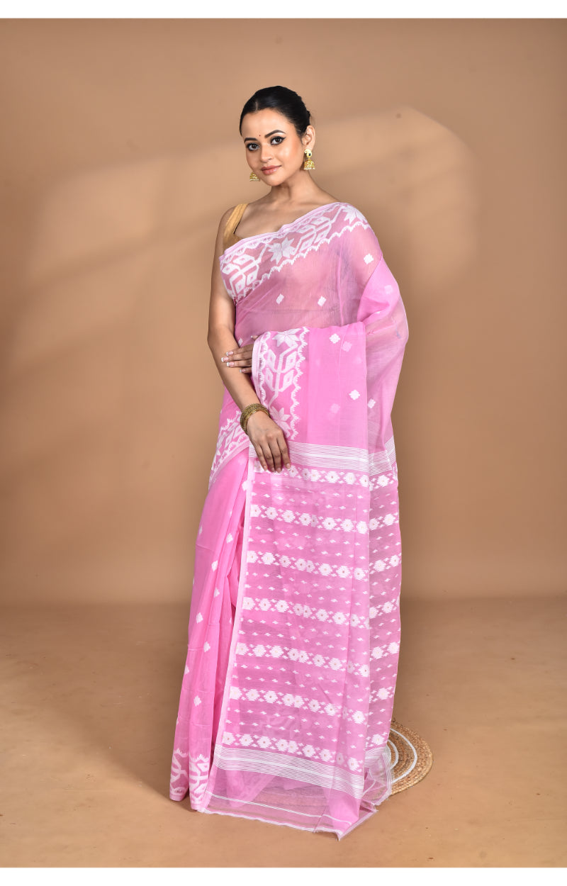 Morchari Pure Cotton Dhakai Jamdani Handloom Saree-Pink
