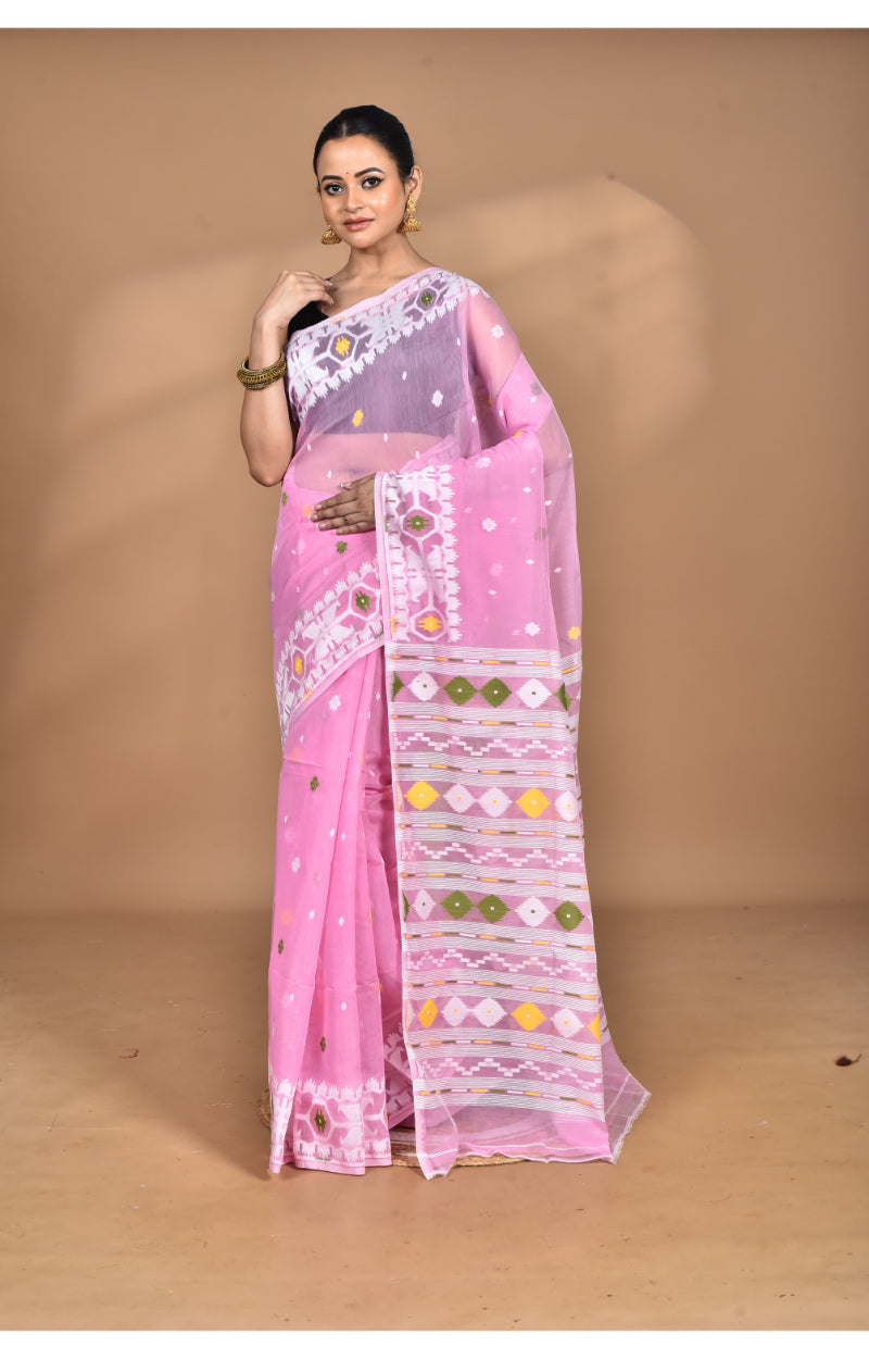 Morchari Pure Cotton Dhakai Jamdani Handloom Saree-Pink