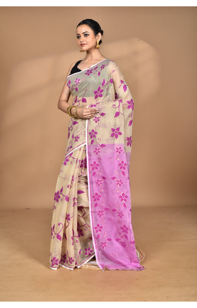 Morchari Pure Cotton Dhakai Jamdani Handloom Saree-Beige