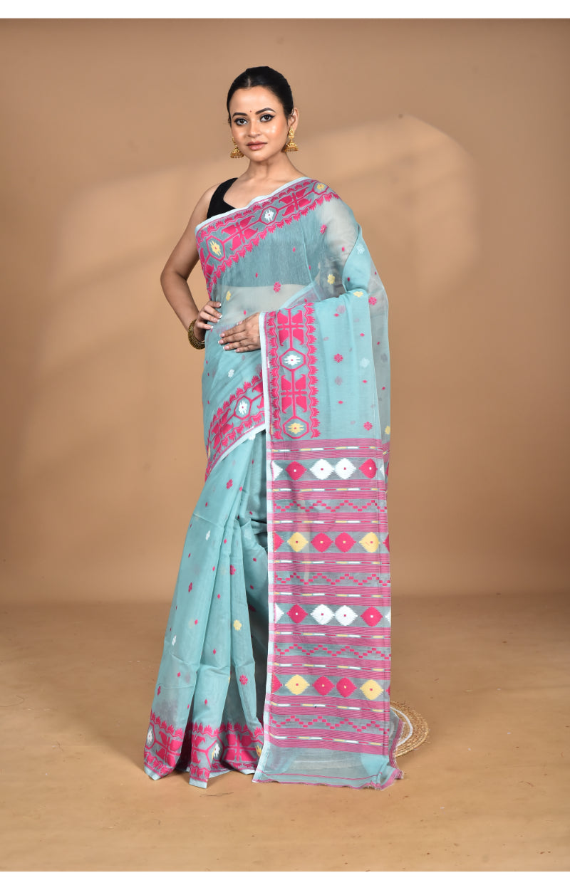 Morchari Pure Cotton Dhakai Jamdani Handloom Saree-Blue