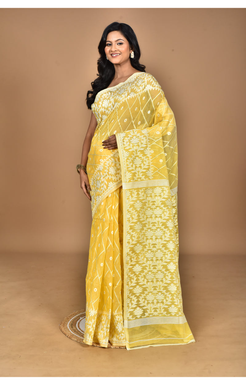 Morchari Pure Cotton Dhakai Jamdani Handloom Saree-Yellow