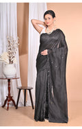Morchari Pure Chandari Mirror Work Saree-Black