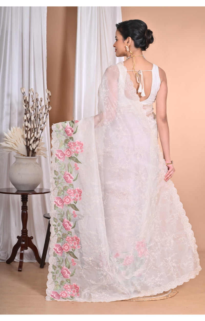 Morchari Pure Orzanga Tread Work Saree-Off White