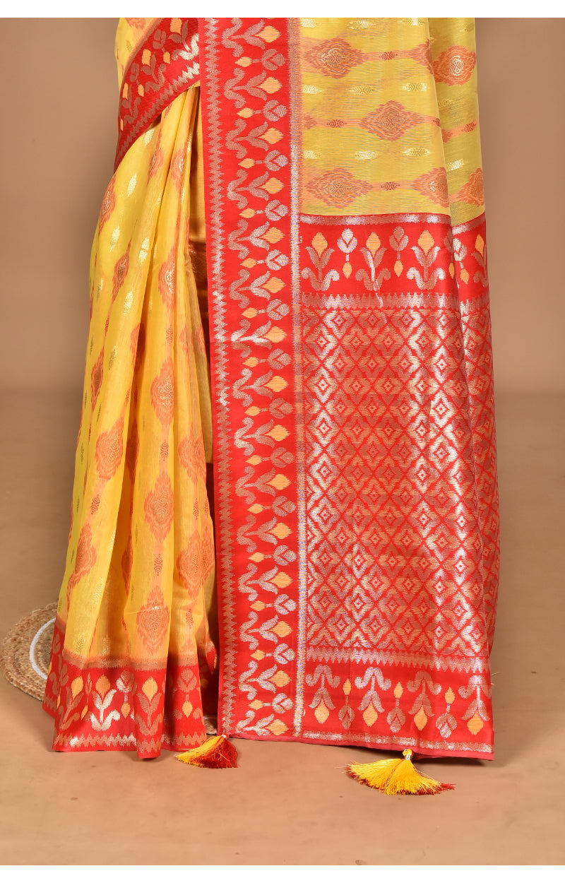 Morchari Women Desgin Kashmiri Silk Linen Saree-Yellow