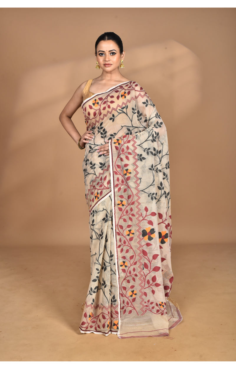 Morchari Pure Cotton Dhakai Jamdani Handloom Saree-Beige