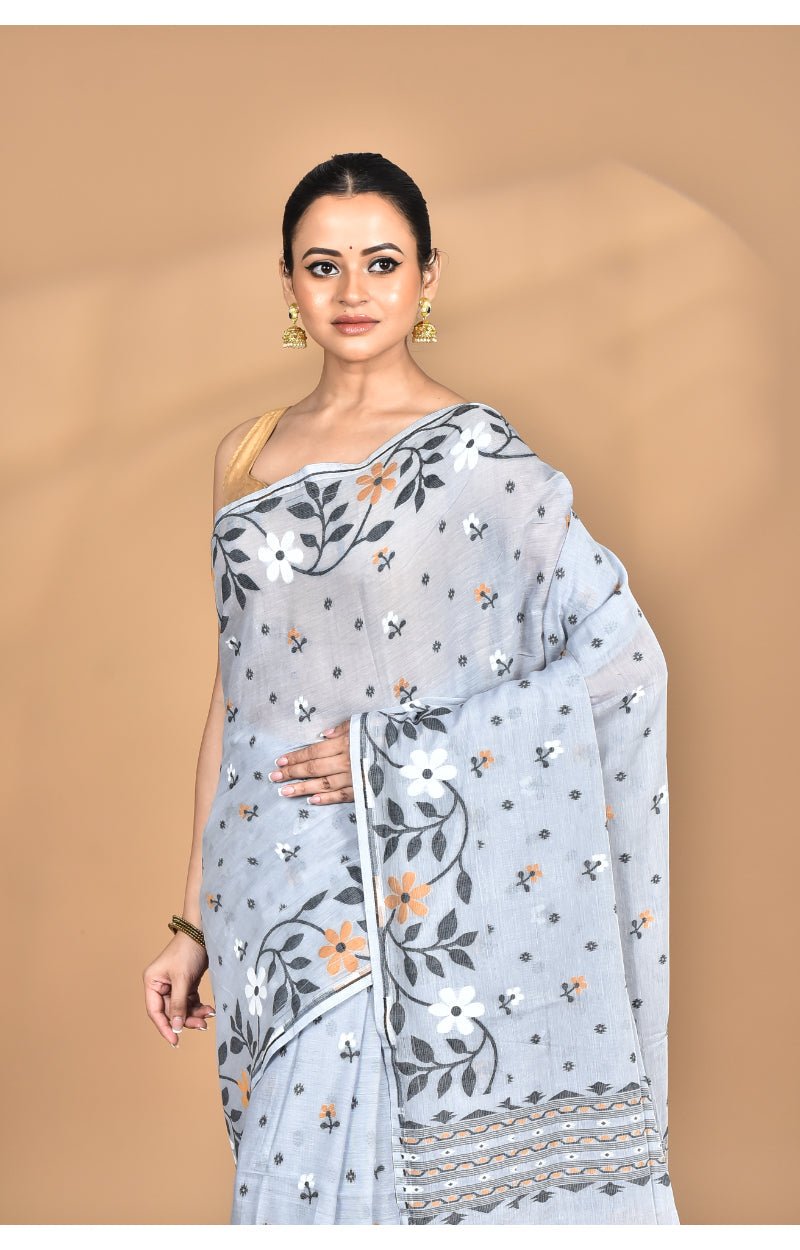 Morchari Pure Cotton Dhakai Jamdani Handloom Saree-Grey
