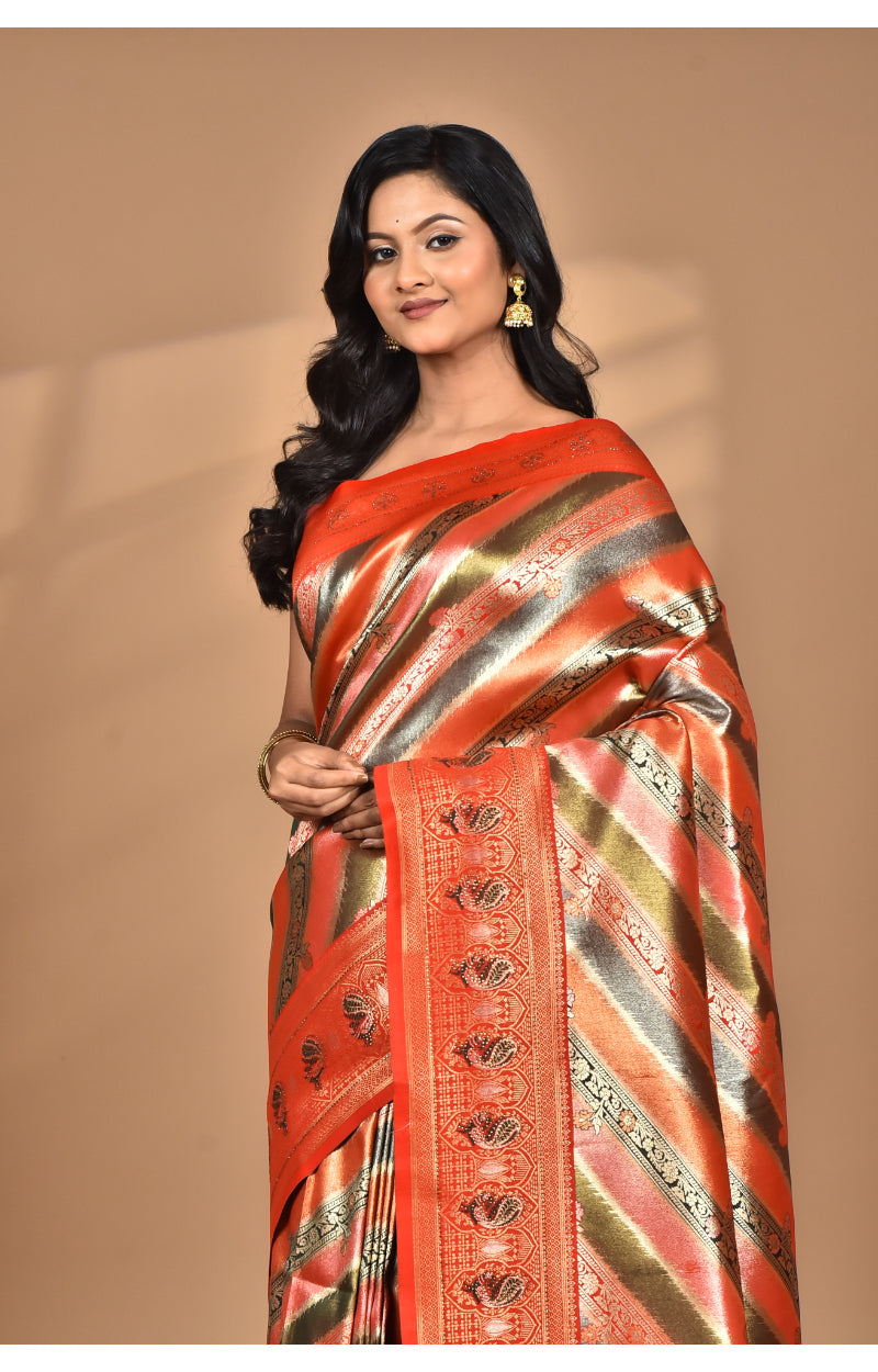 Morchari Ethnic Motifs Silk Blend Dharmavaram Saree-Orange