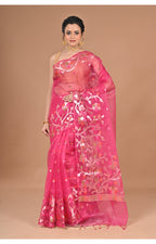 Morchari Semi Orzanga Jamdani Silk Saree-Rani Pink
