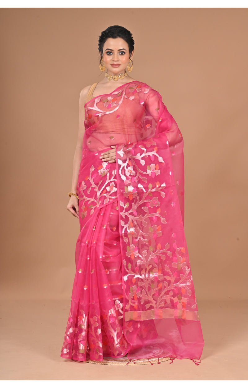 Morchari Semi Orzanga Jamdani Silk Saree-Rani Pink