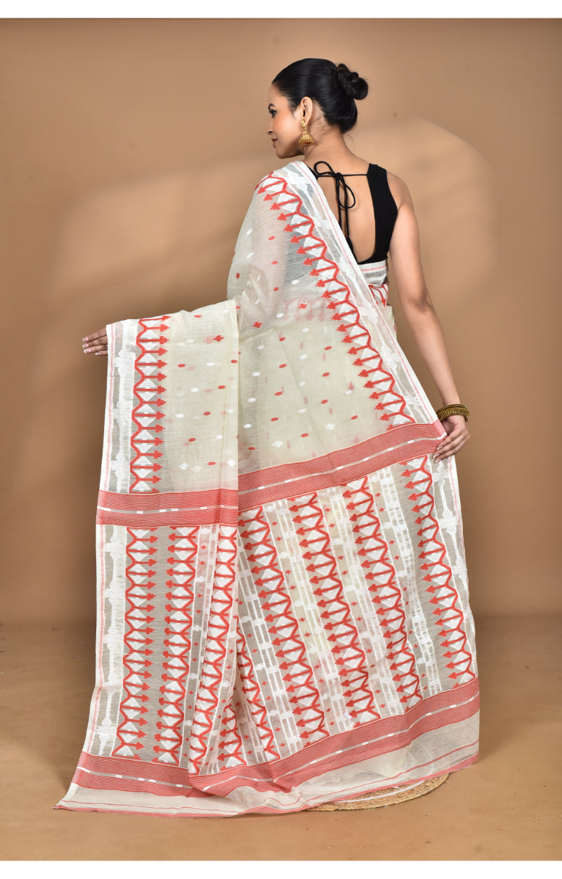Morchari Pure Cotton Dhakai Jamdani Handloom Saree-Cream