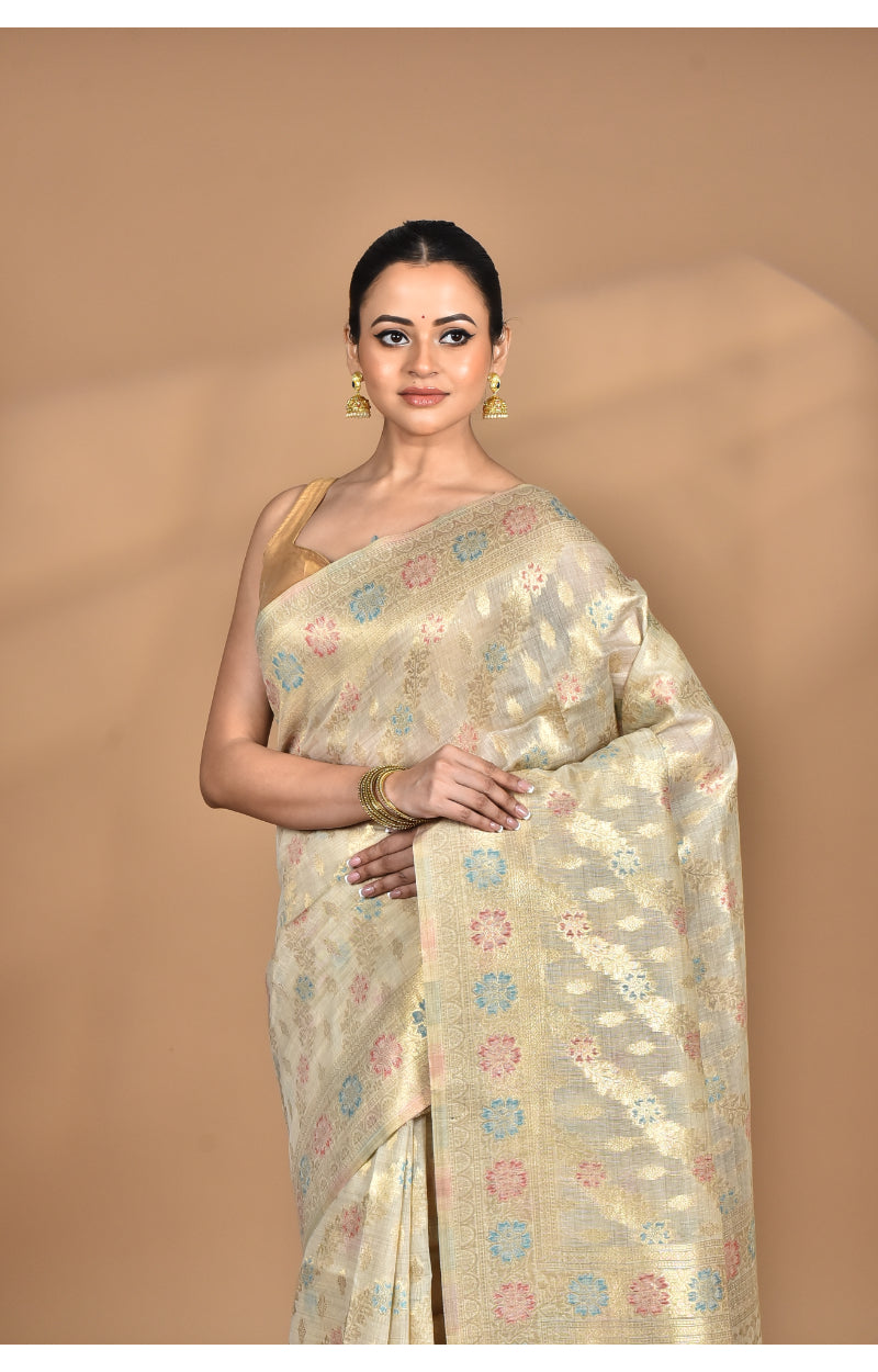 Morchari Banarasi Silk Chanderi Saree-Cream