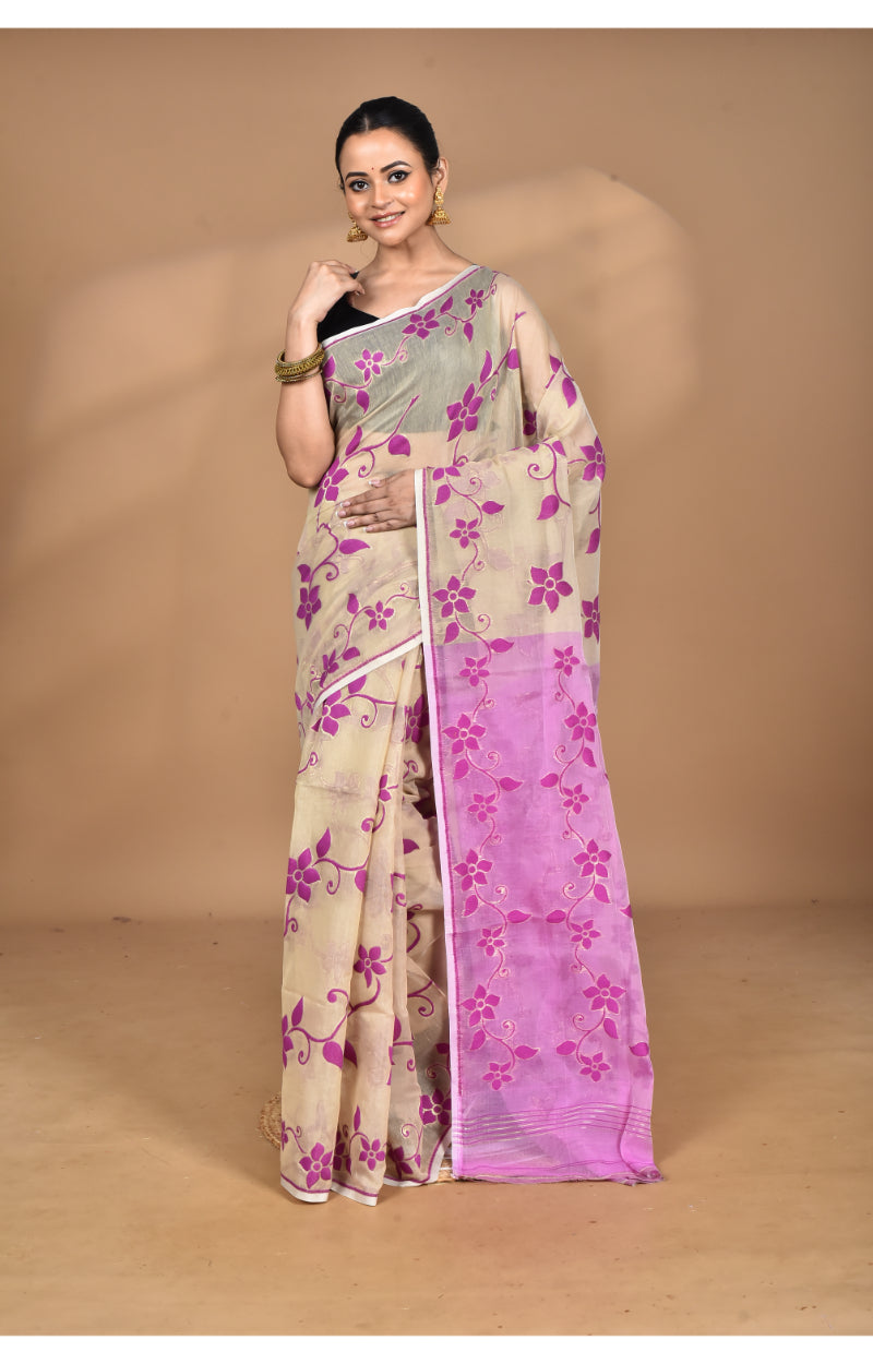 Morchari Pure Cotton Dhakai Jamdani Handloom Saree-Beige