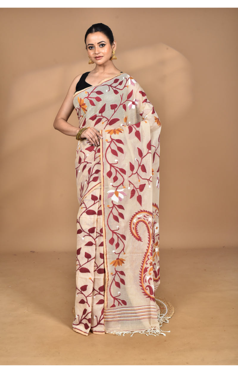 Morchari Pure Cotton Dhakai Jamdani Handloom Saree-Burlywood