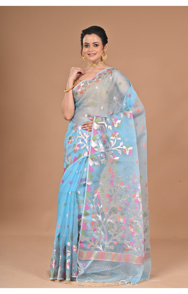 Morchari Heavy Jamdani Silk Orzanga Saree-Blue