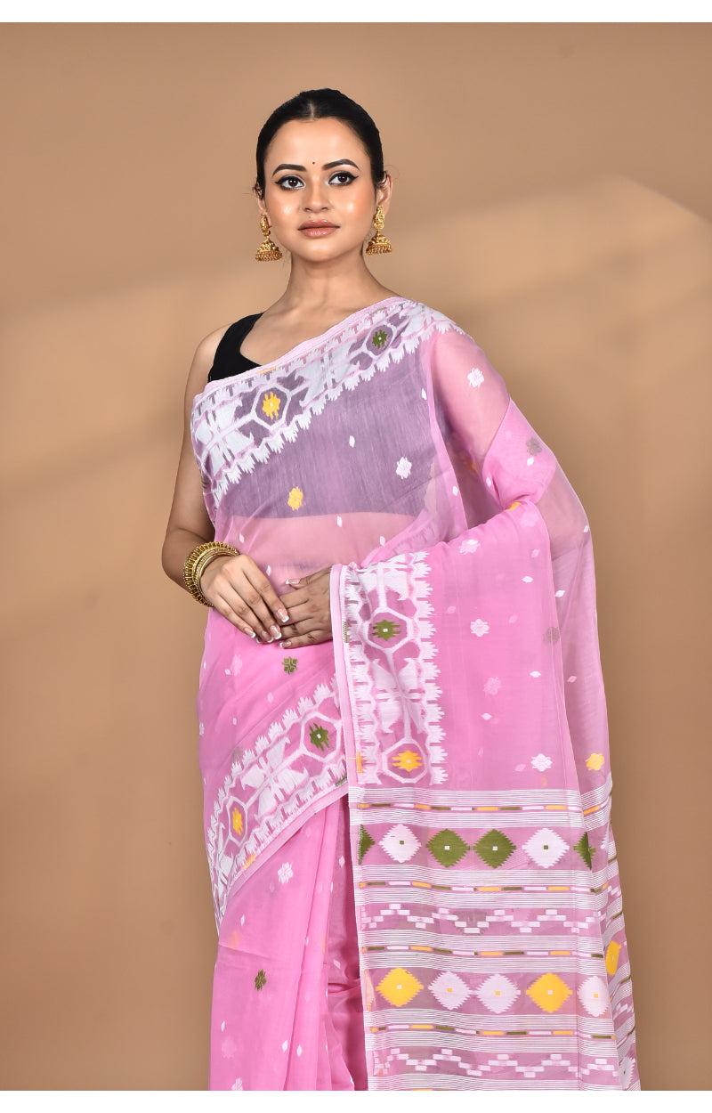 Morchari Pure Cotton Dhakai Jamdani Handloom Saree-Pink