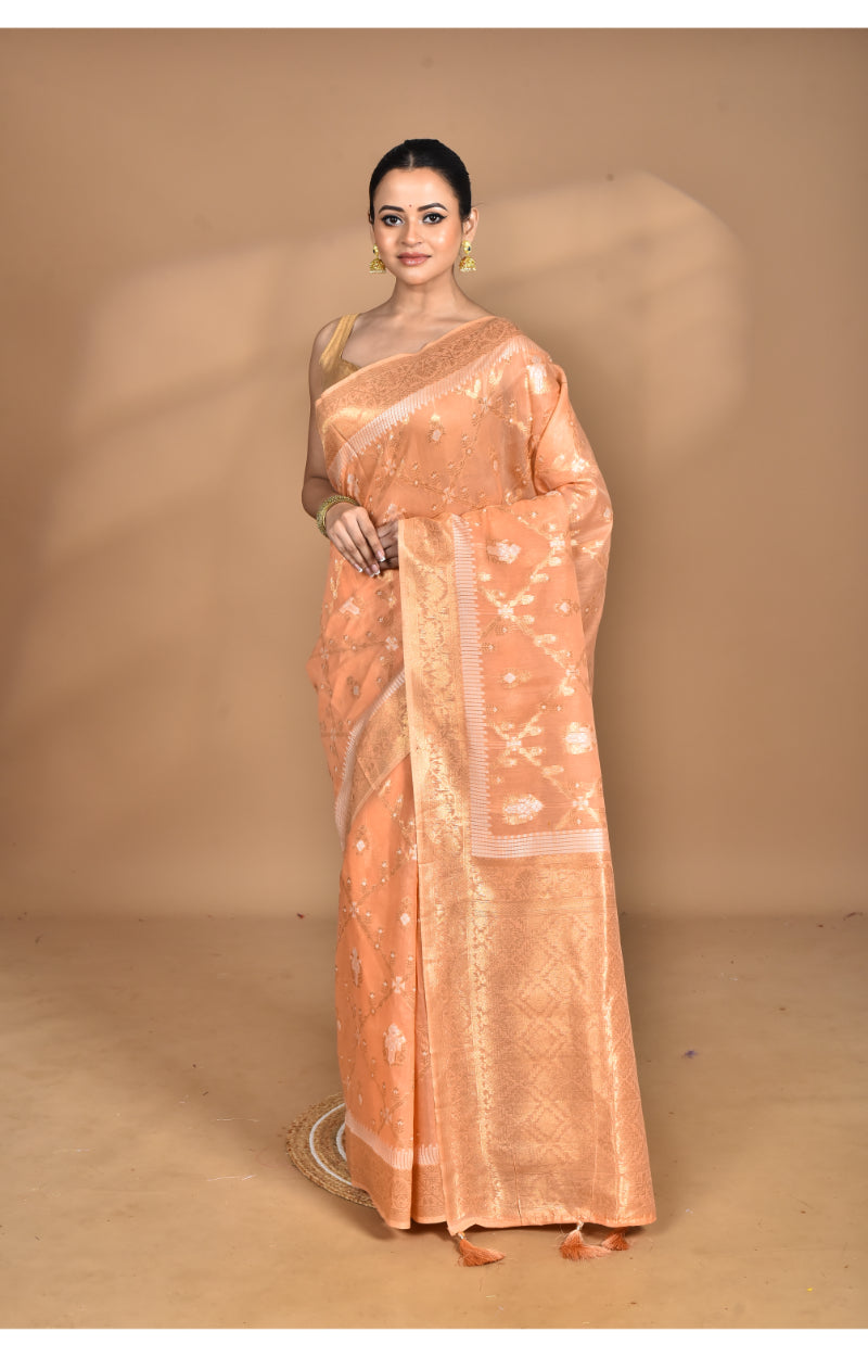 Morchari Banarasi Silk Chanderi Saree-Peach
