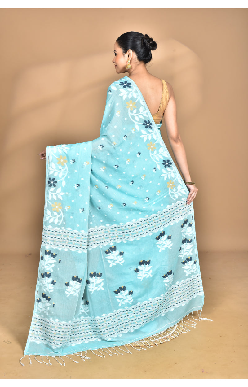 Morchari Pure Cotton Dhakai Jamdani Handloom Saree-Blue