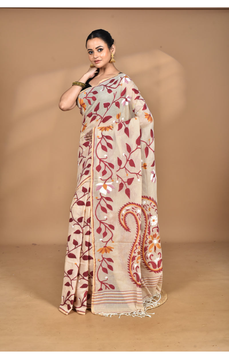 Morchari Pure Cotton Dhakai Jamdani Handloom Saree-Burlywood
