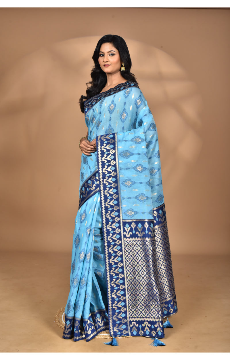 Morchari Women Desgin Kashmiri Silk Linen Saree-Blue