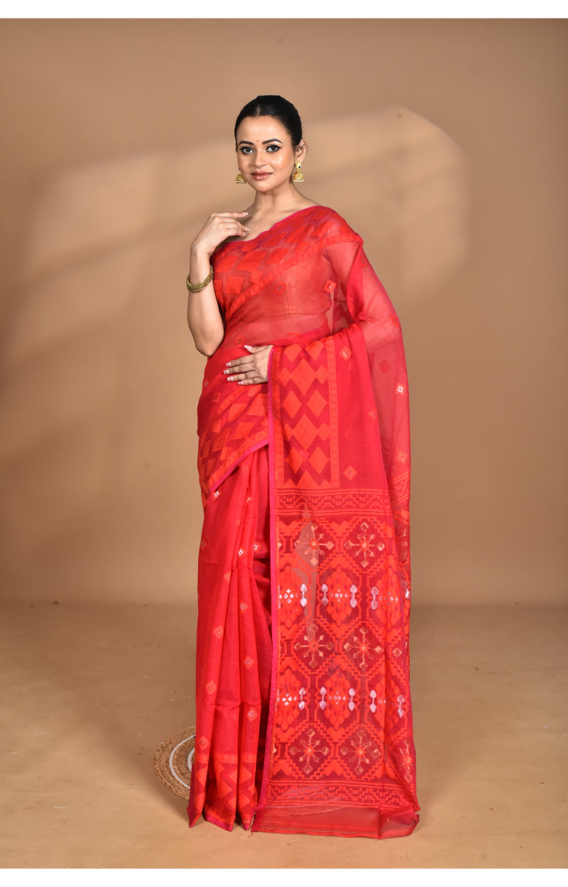 Morchari Pure Cotton Dhakai Jamdani Handloom Saree-Red