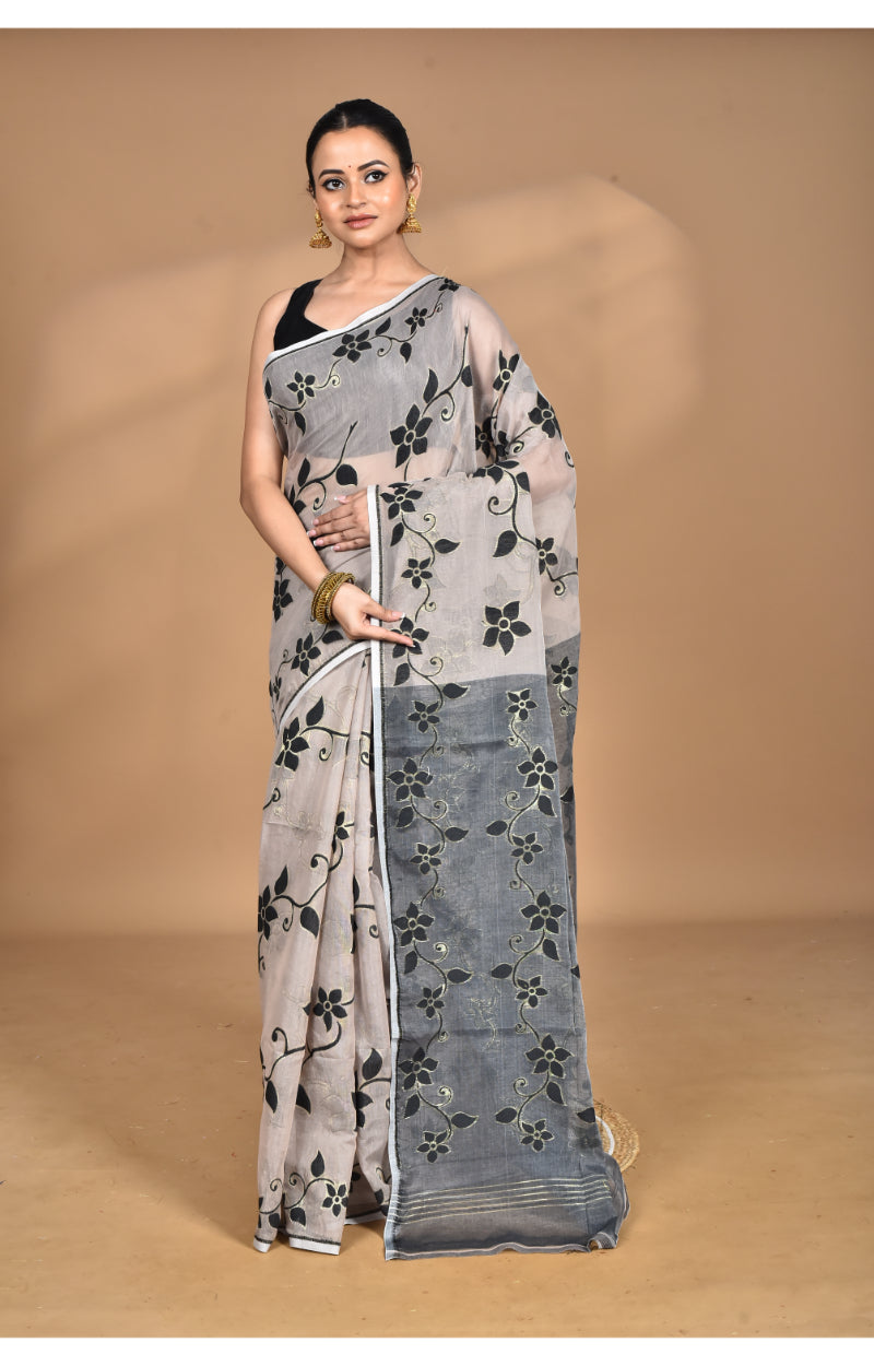 Morchari Pure Cotton Dhakai Jamdani Handloom Saree-Beige