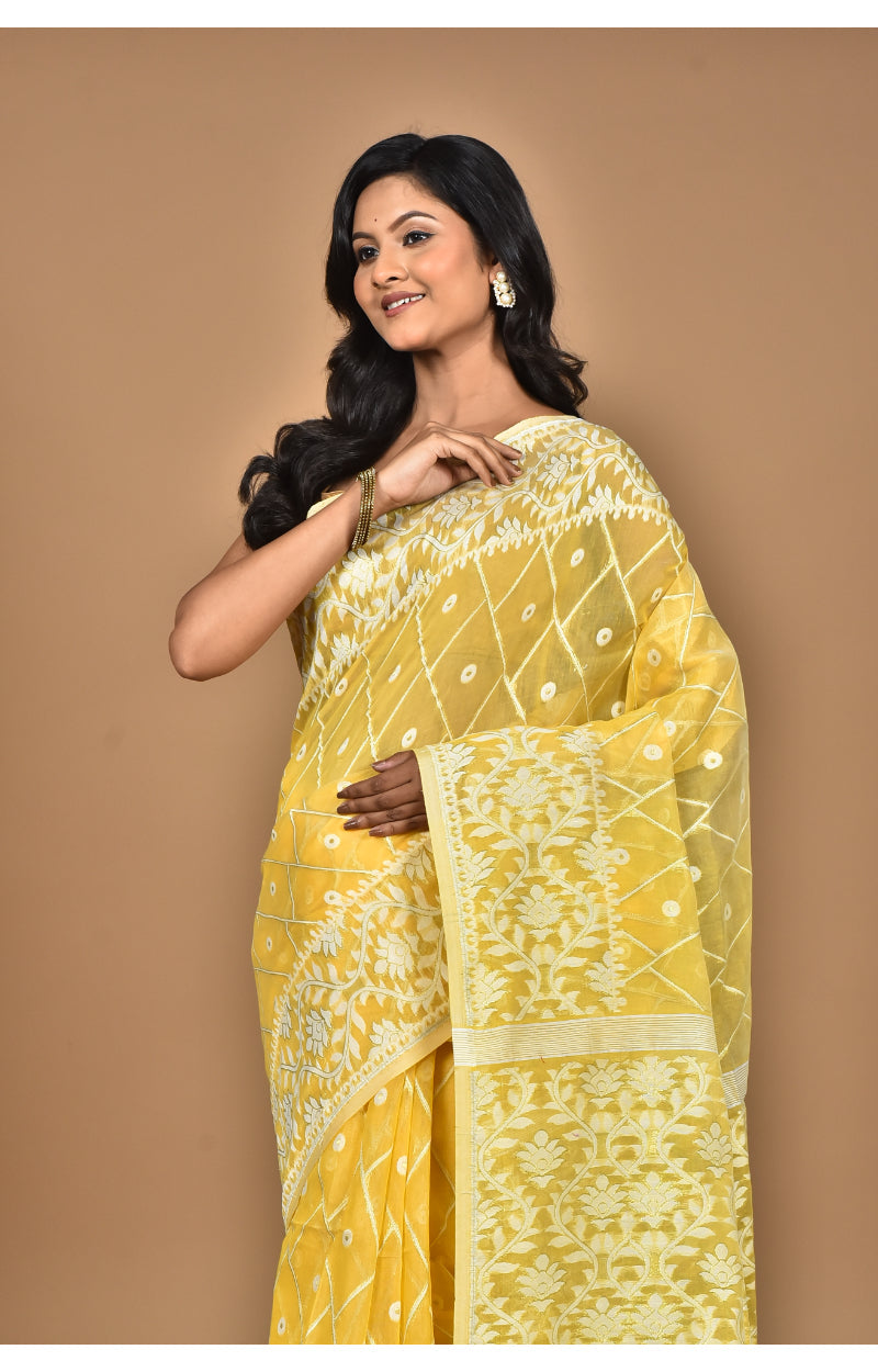 Morchari Pure Cotton Dhakai Jamdani Handloom Saree-Yellow