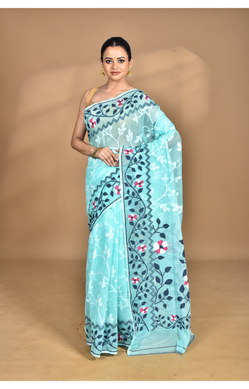 Morchari Pure Cotton Dhakai Jamdani Handloom Saree-Green