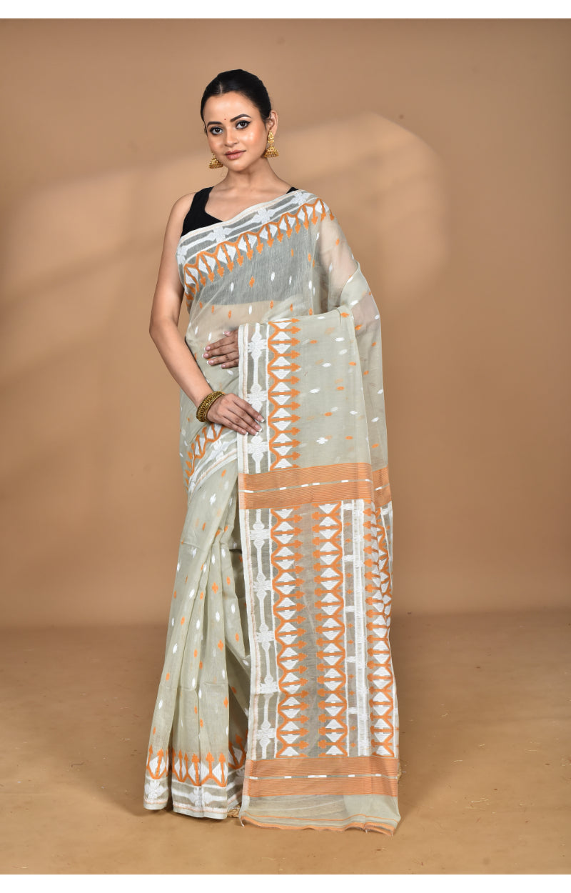 Morchari Pure Cotton Dhakai Jamdani Handloom Saree-Beige