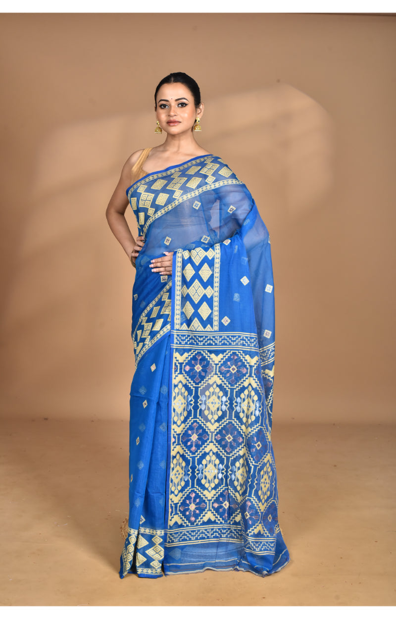 Morchari Pure Cotton Dhakai Jamdani Handloom Saree-Navy Blue