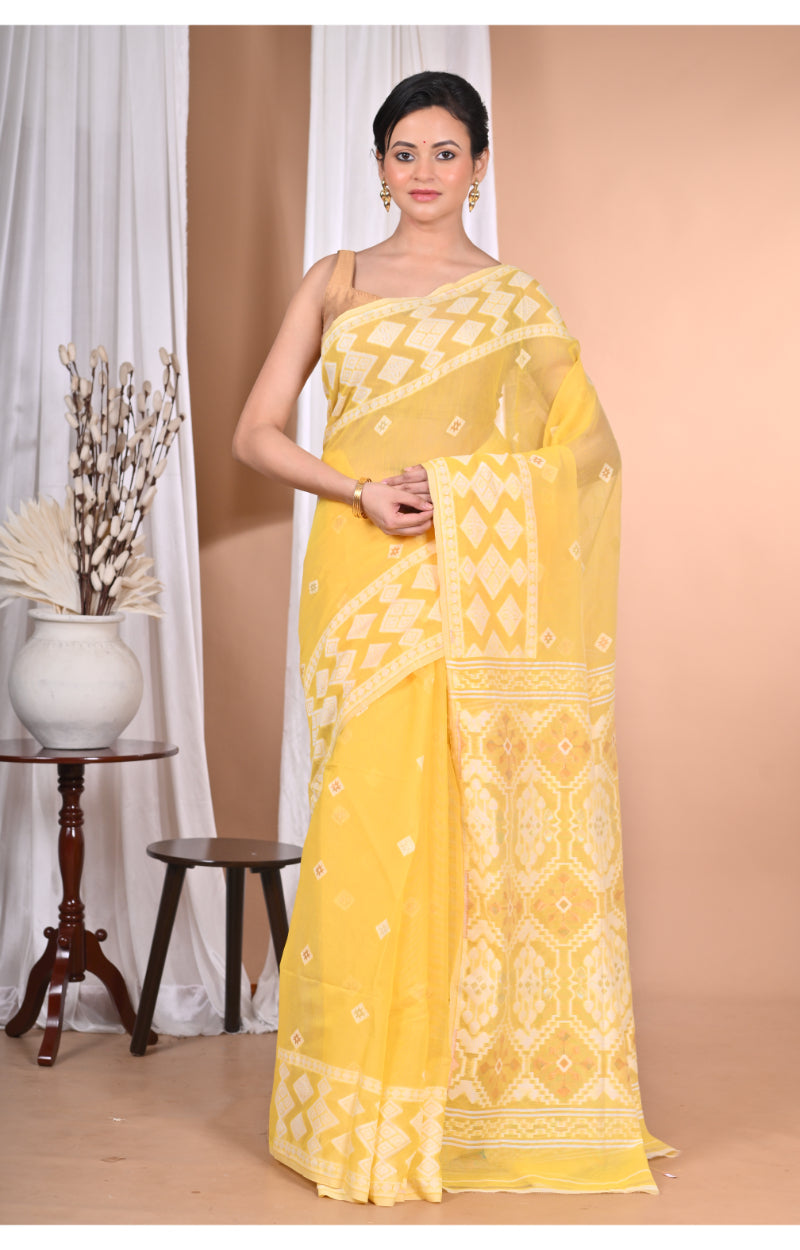 Morchari Pure Cotton Dhakai Jamdani Handloom Saree-Yellow