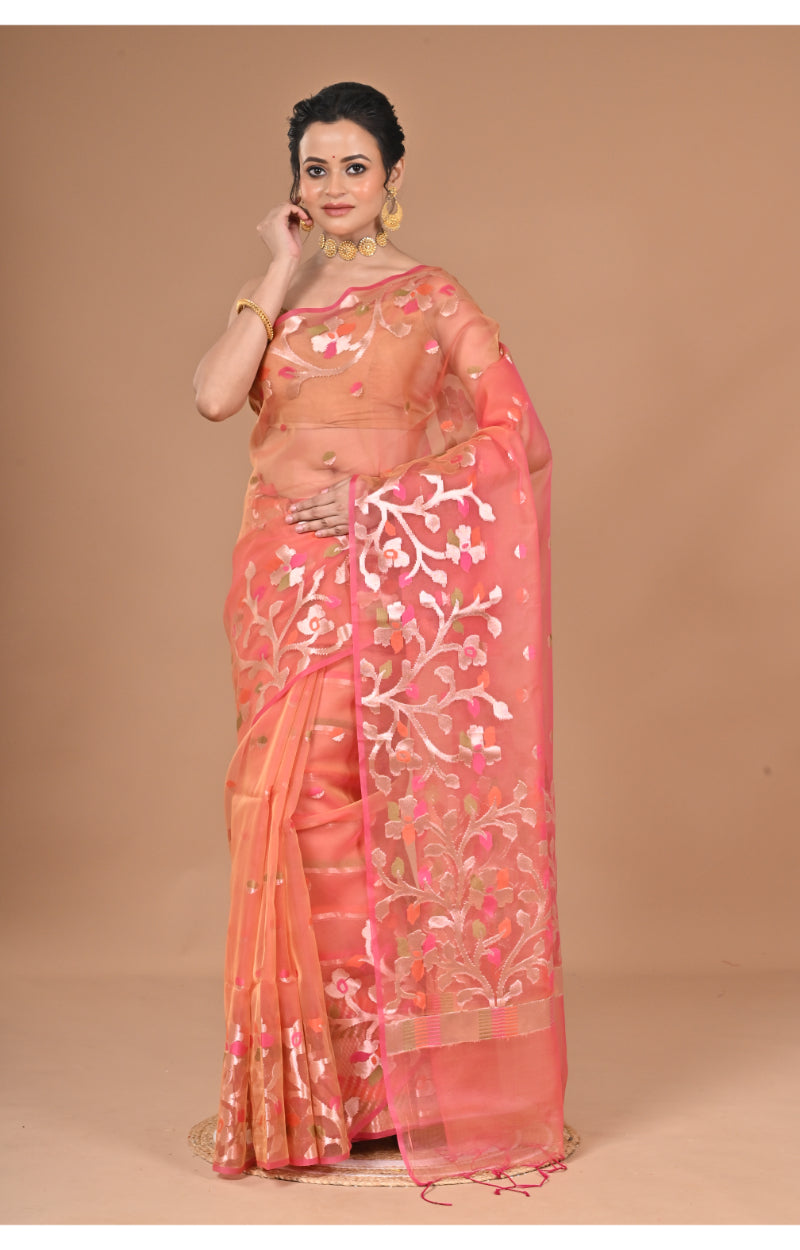 Morchari Semi Orzanga Jamdani Silk Saree-Peach