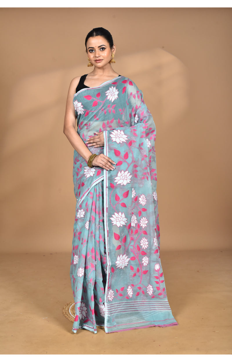 Morchari Pure Cotton Dhakai Jamdani Handloom Saree-Blue