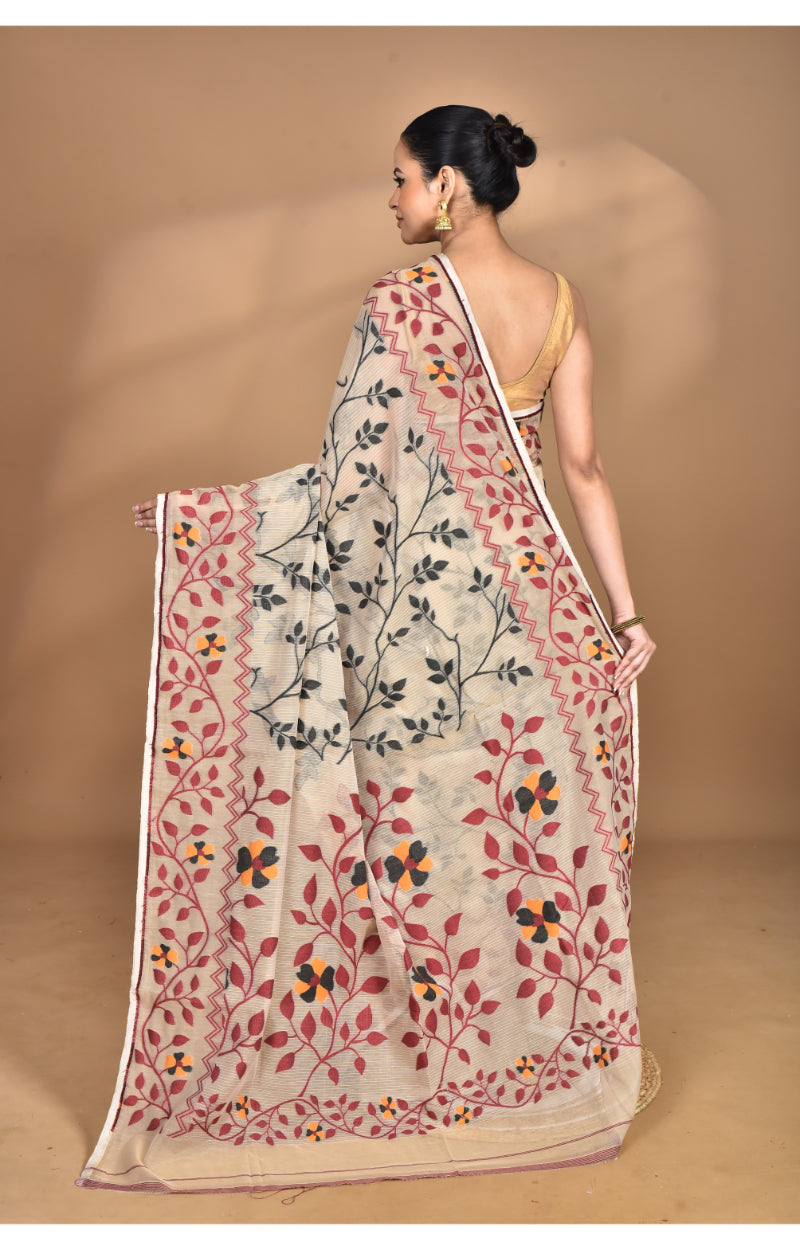 Morchari Pure Cotton Dhakai Jamdani Handloom Saree-Beige