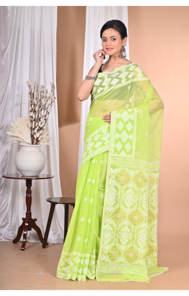 Morchari Pure Cotton Dhakai Jamdani Handloom Saree-Green