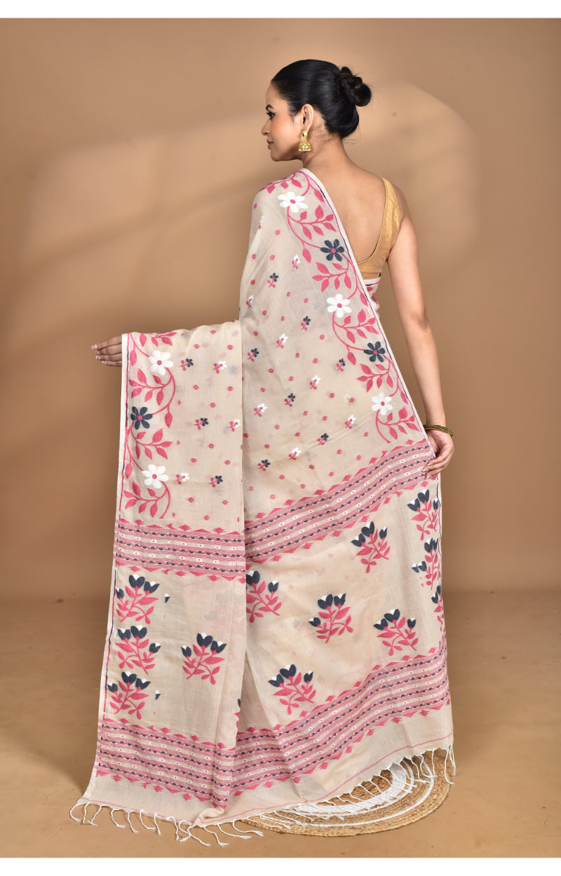 Morchari Pure Cotton Dhakai Jamdani Handloom Saree-Beige