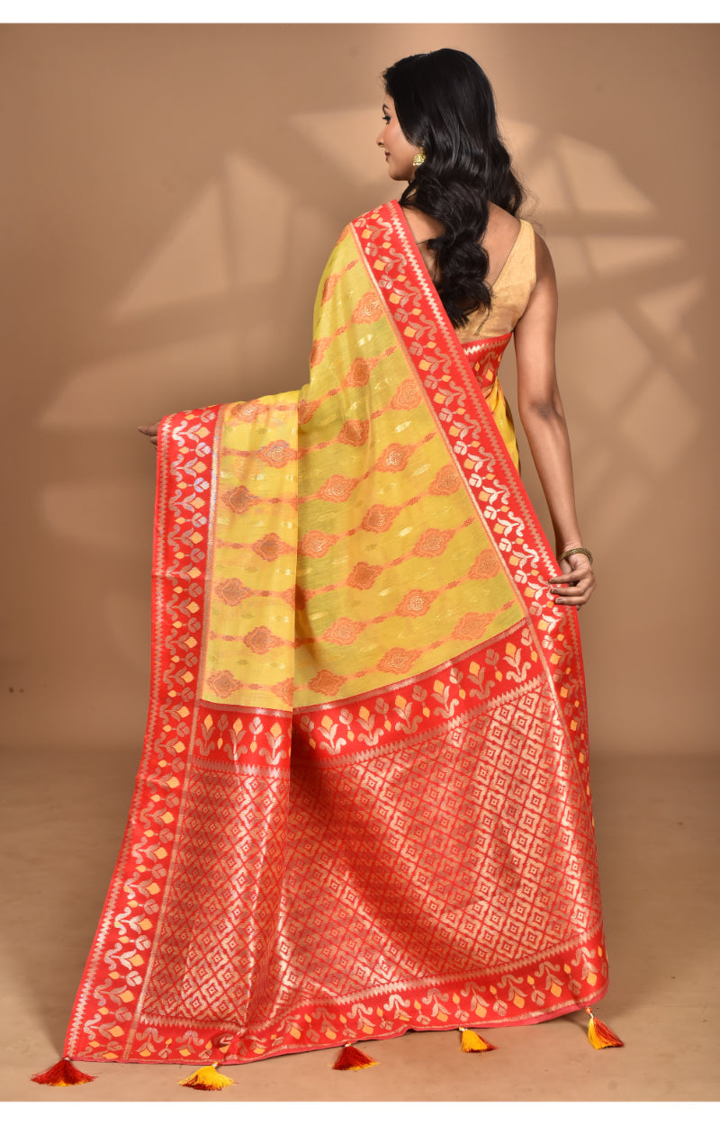 Morchari Women Desgin Kashmiri Silk Linen Saree-Yellow