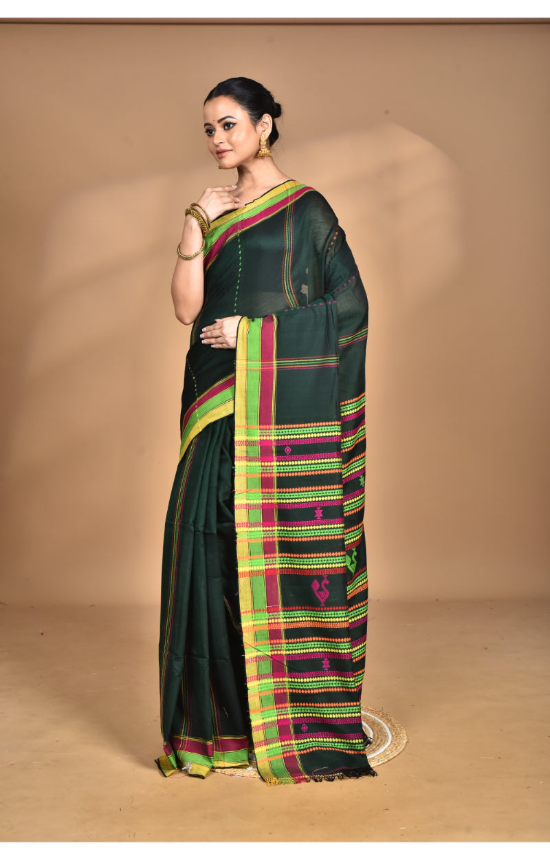 Morchari Pure Cotton Dhakai Jamdani Handloom Saree-Green