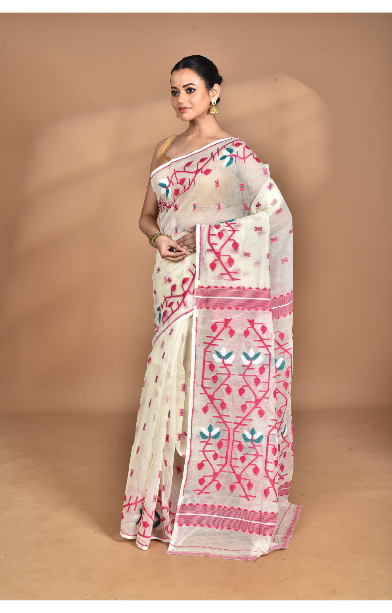 Morchari Pure Cotton Dhakai Jamdani Handloom Saree-Cream