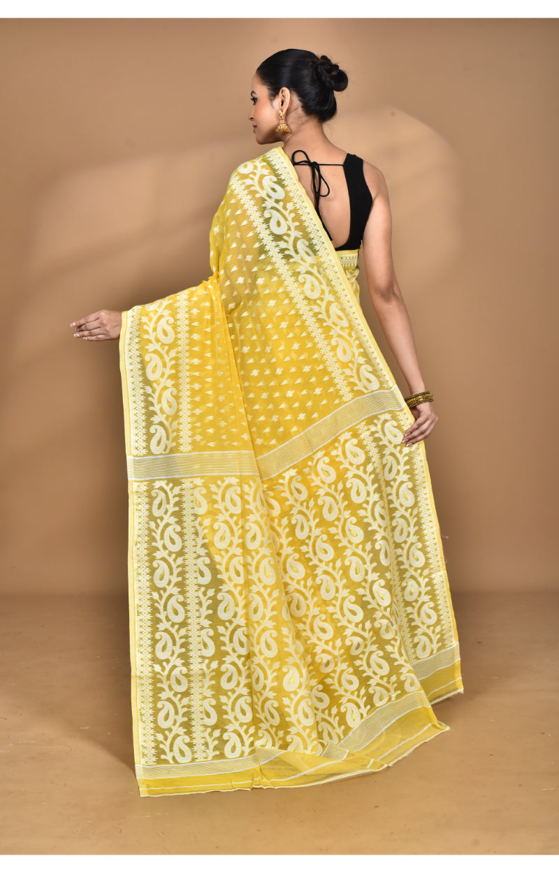 Morchari Pure Cotton Dhakai Jamdani Handloom Saree-Yellow